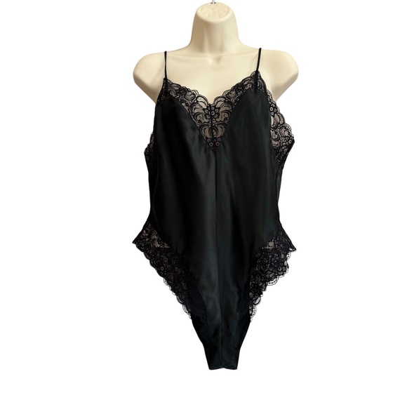 Vintage Delicates Black Satin & Lace Sexy Skinny Strap Body Suit Women's Size L